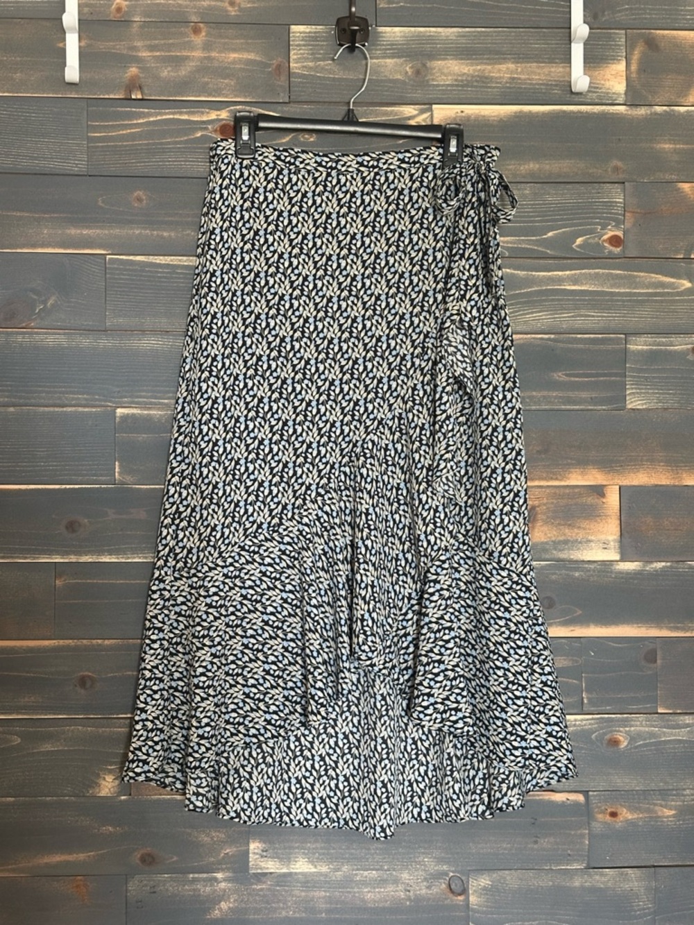Max Studio Black Blur & White Floral Wrap Midi High- Lo Faux Wrap Skirt